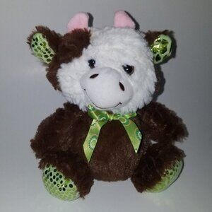 Homerbest Cow Plush Brown White Green Bow 7.5" Stuffed Animal Toy Lovey